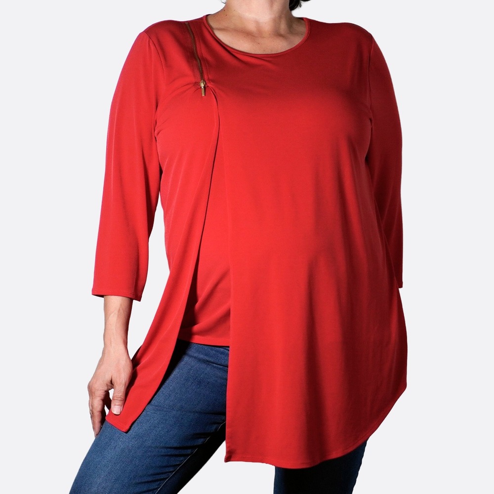 Chico's Asymmetrical Zip Tunic Top L XL 1X Crimson Red Avant Garde